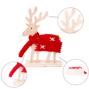 Handcrafted Christmas wooden elk ornament with red knitted scarf and snowflake pattern