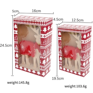 Christmas wool felt reindeer ornaments with red snowflake pattern on wooden base