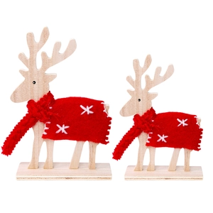 Handcrafted Christmas wooden reindeer statues with red wool scarves and snowflake embroidery