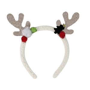 Christmas reindeer antler headband with golden glitter, colorful pompoms and plush trim
