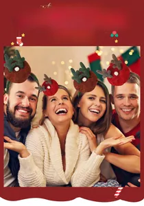 Group of four people wearing festive Christmas reindeer antler headbands with plush balls