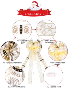 Detailed views of LED Christmas bow showing gold lettering and battery control box