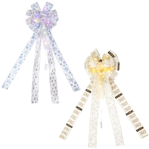 LED lighted Christmas bows with blue snowflake and HO HO HO patterns for tree decor