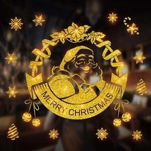 Golden glitter Merry Christmas window stickers featuring Santa Claus and snowflake decorations
