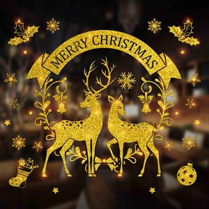 Gold Glitter Christmas Window Stickers For Shop Home Merry Christmas Reindeer Snowflake Santa Decor Glass Door Decal