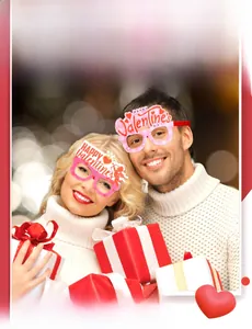 Detail of red LOVE themed glasses worn by a couple for Valentine party decoration