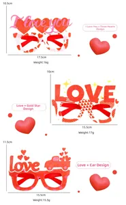Detailed size and weight specs for three styles of red felt Valentine heart party glasses