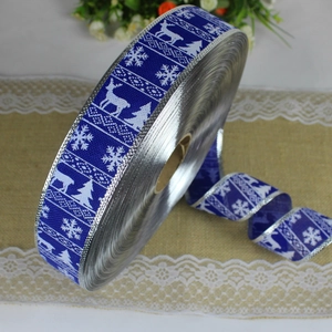Navy blue Christmas faux linen ribbon with white reindeer and snowflake prints