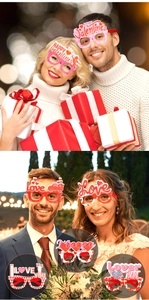 Detail view of red Valentine's Day party glasses with heart shapes and LOVE text props
