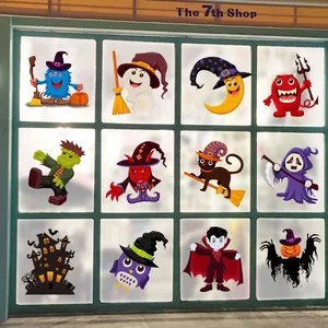 Set of 12 cartoon Halloween static window stickers with ghost pumpkin and bat motifs