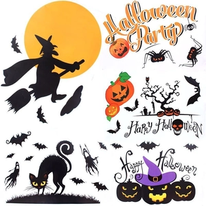 Halloween static stickers set with ghosts pumpkins and witch for window decoration
