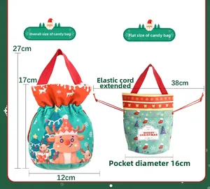 Detailed size specifications for Christmas drawstring gift bags with reindeer prints