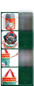 Close-up of Christmas gift bag featuring drawstring closure and red reinforced handle