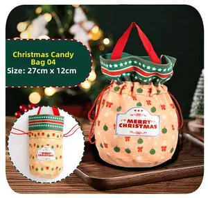 Christmas velvet drawstring candy bag with green bow print and size 27cm x 12cm