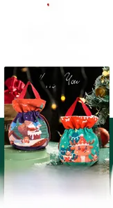 Detail of Christmas gift bags featuring festive Santa and reindeer velvet drawstring prints