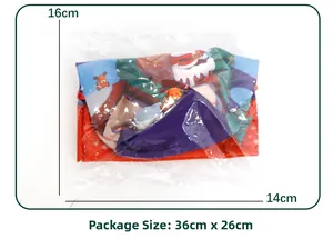 Christmas gift bag with Santa and reindeer motifs showing dimensions 14x16 cm and packing size