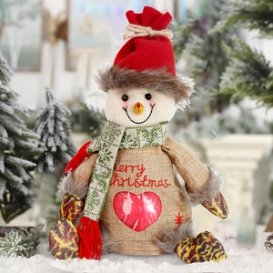 Linen Christmas snowman gift bag with plush hat and Merry Christmas embroidery