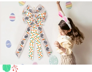 Detailed macro view of Easter linen bow with carrot and bunny patterns for wall decor