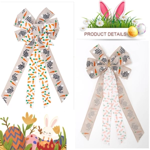 Detail of Easter burlap bows with rabbit and carrot prints for festive party decorations