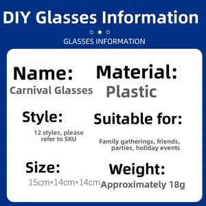 Detailed size and material specification chart for carnival party feather glasses