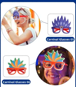 Detail of carnival party glasses featuring vibrant feathers and gold ring accents