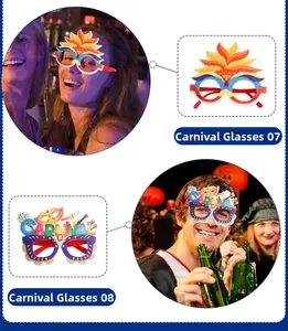 Carnival party glasses featuring colorful feathers and artistic CARNIVAL font motifs