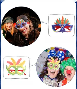 Close-up of Carnival paper party masks with colorful feather designs and vibrant patterns