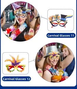 Detail view of carnival party glasses with feathers and hats for festive parade costumes