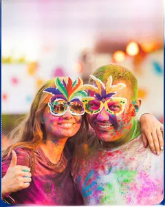 Colorful carnival party glasses with feathers worn by models at a festive parade