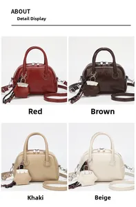Vue détaillée des mini sacs Boston carrés en rouge, marron, kaki et beige clair