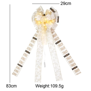 White LED Christmas bow with golden HO HO HO print for tree top decoration, 83cm long