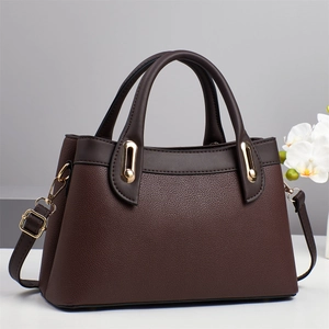 Elegant litchi pattern stitching handbag with golden hardware and long shoulder strap