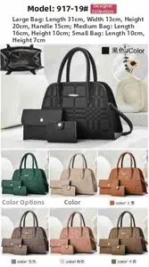 Detailed size specifications for the plaid three-piece tote, pouch and wallet set