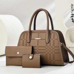 Three-piece checkered tote bag set with wallet and clutch in premium caramel leather