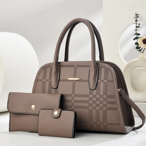 Three-piece brown tote bag set with textured plaid pattern and gold hardware details