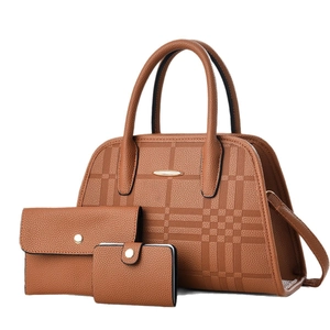 Three-piece brown pebble leather handbag set with stylish plaid pattern and gold hardware