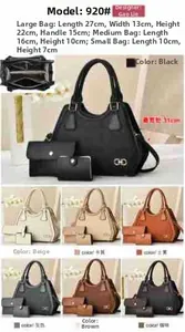 Three-piece handbag set detailed size chart featuring tote bag and textured leather pouches