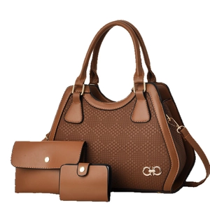 Three-piece dark brown faux leather handbag set with woven texture and top handles