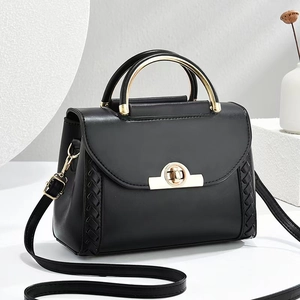 Sac Bandoulière Femme Cuir PU Côté Tressé Rabat Fermoir Tournant Poignée Métal Doré Sac À Main Élégant