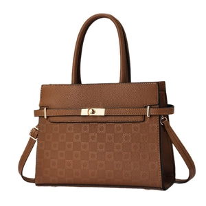Classic brown checkered leather handbag with golden twist lock and shoulder strap