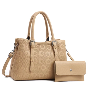 Beige embossed tote bag set with detachable shoulder strap and matching pouch