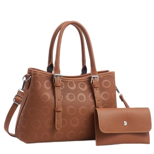Caramel brown embossed tote bag and wallet set with detachable shoulder strap for women