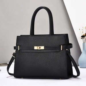 Women Litchi Pattern PU Leather Handbag With Golden Metal Lock Fashion Shoulder Crossbody Tote For Office Commuting