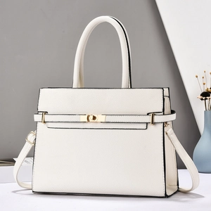 White lychee pattern leather tote bag with gold metal clasp and adjustable shoulder strap