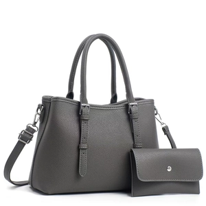 Dark grey litchi grain tote bag with matching flap wallet and detachable shoulder strap