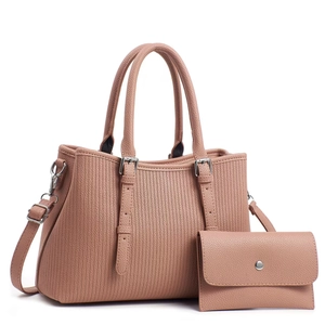 Pink faux leather tote bag and wallet set with litchi texture and silver hardware