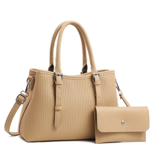 Beige leather tote bag set with vertical texture stripes and matching small wallet