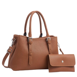 Brown macaron tote bag set with textured leather, shoulder strap and matching clutch pouch