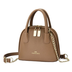 Brown lychee texture shell handbag with golden chain strap and double top handles