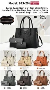 Detailed 3-piece embroidery handbag set with tote, pouch, and coin purse in black leather